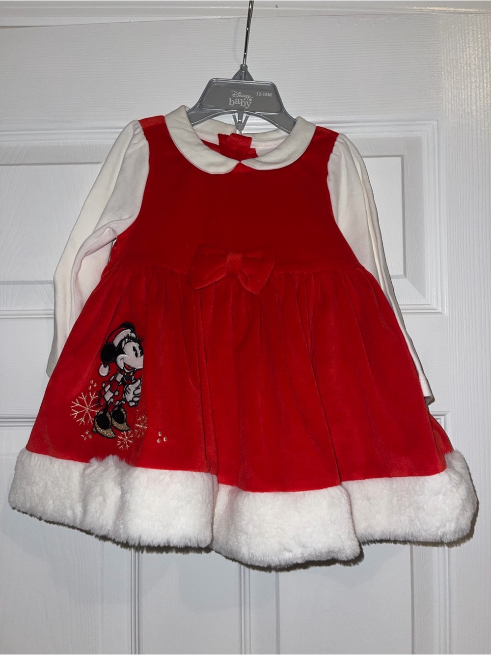 NEW Disney Baby Minnie Mouse Christmas Velour Dress Set with Hat & Tights 12-18M